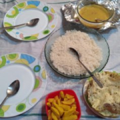 Rice, Dal, Potato fry and Papad for dinner